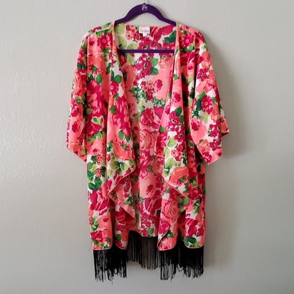 LuLaRoe Jackets & Blazers - LuLaRoe floral monroe fringe duster kimono L neon